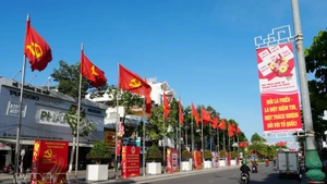16대 국회 및 2026~2031년 임기의 각급 인민의회 대의원 선거 홍보 현수막과 깃발. (사진: VNA)