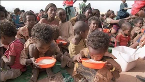 영양실조에 걸린 두 어린이가 에티오피아 동부 케브리베야 난민캠프에서 플라스틱 그릇에 담긴 우유를 마시고 있다. (사진: AFP/VNA)