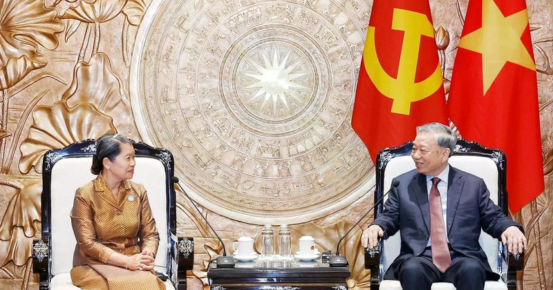 또 럼 당서기장이 멘 삼 안 캄보디아 인민당(CPP) 부주석을 접견하고 있다. (사진: VNA)