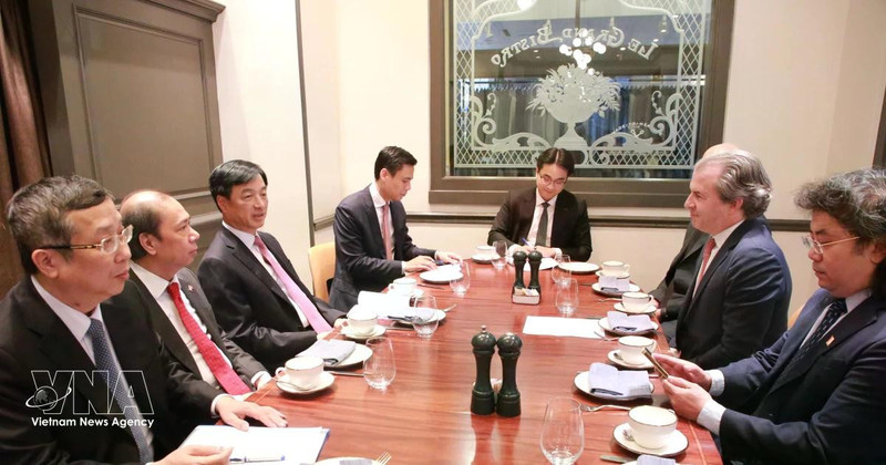 응우옌 주이 응옥(왼쪽에서 세 번째) 정치국 위원 겸 중앙 과학·기술·혁신·디지털전환 지도위원회 부위원장이 로젠 파트너스 대표단과의 업무 회의를 주재하고 있다. (사진: VNA)