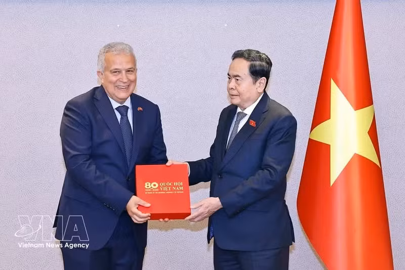 쩐탄먼오른쪽) 베트남 국회의장이 이스탄불 주재 베트남 명예영사 알리 테졸메즈에게 기념품을 전달하고 있다. (사진: VNA)