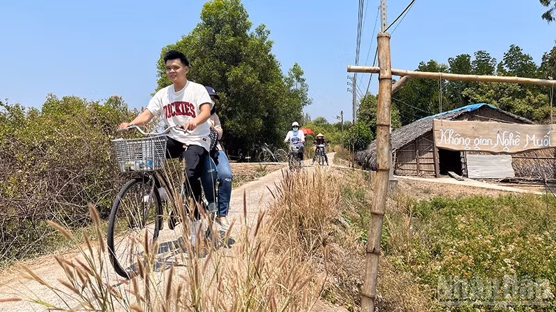 호찌민시 탄안 읍의 티엥리엥을 자전거로 탐방하는 관광객들. (사진: 린 바오)
