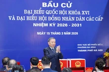 또 럼 당 서기장이 15일 오전 하노이 바딘구 2번 투표소에서 투표하고 있다. (사진: VNA)