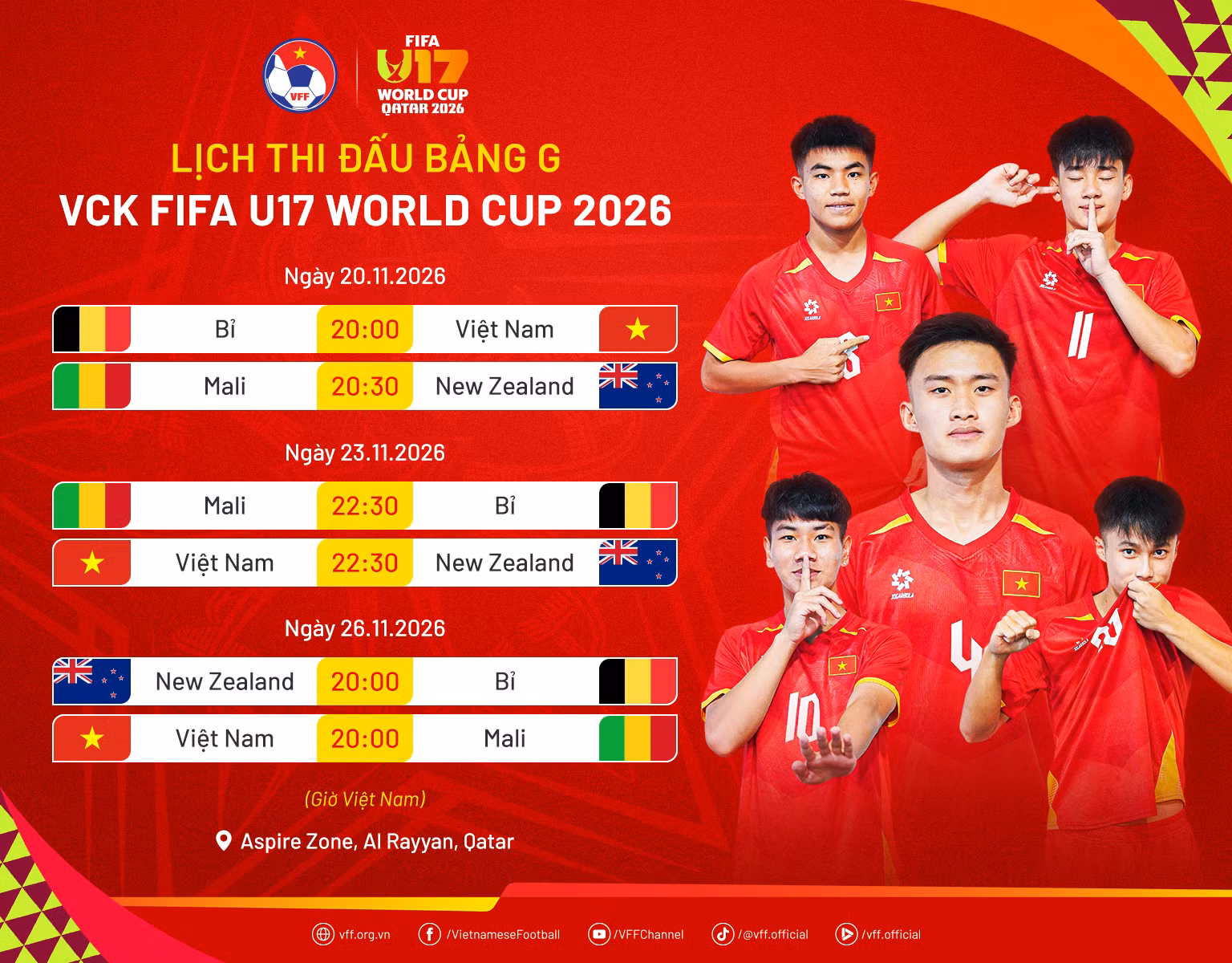 2026년 FIFA U17 월드컵 G조 베트남 U17 대표팀 경기 일정. (사진: VFF)