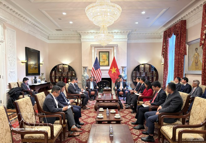 응우옌 주이 응옥(위에서 세 번째, 오른쪽) 정치국 위원 겸 중앙 과학·기술·혁신·디지털전환 발전 지도위원회 부위원장이 메타 플랫폼스(Meta Platforms) 대표단과 회의를 주재하고 있다. (사진: VNA)