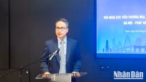 부 아인 선 주프랑스 베트남 무역참사관이 회의에서 발언하고 있다.