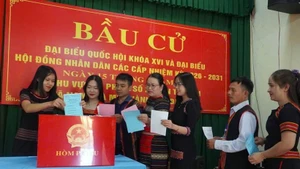  투표를 하고 있는 다낭시 산악지대 유권자들. (사진: VNA)