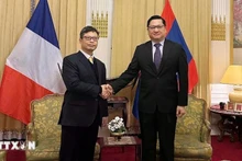 쩐득하이 프랑스 주재 베트남 대사가 깔라몽쿠네 수파누봉 현지 라오스 대사와 악수를 나누고 있다. (사진: VNA)