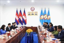 당 중앙위원회 선전교육대중동원위원회 대표단과 캄보디아 인민당 중앙위원회 대중동원위원회 간의 업무회의 모습 (사진: VNA)