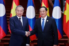 또 럼 베트남 공산당총서기장(왼쪽)이 1일 비엔티안에서 소넥사이 시판돈 라오스 총리와 악수를 나누고 있다. (사진: VNA)