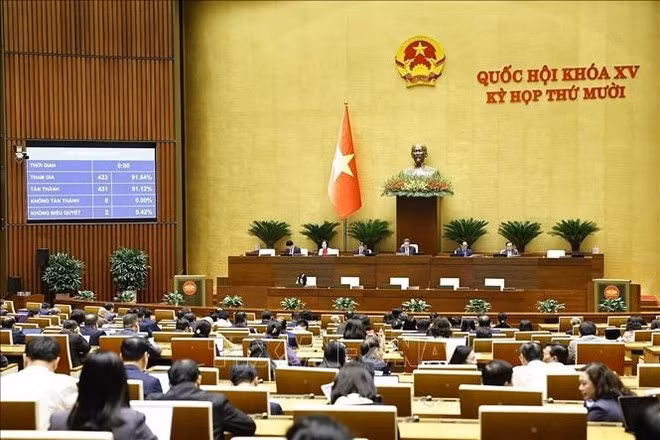 11일, 국회가 국민 건강 보호·관리·증진을 위한 혁신적 메커니즘 및 정책에 관한 결의안을 채택하고 있다. (사진: VNA)